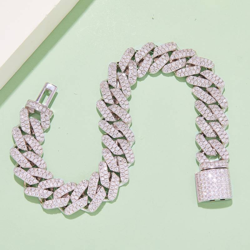 14mm宽Cuban ChainS925银镶Moissanite厘石圆形白色DVVS